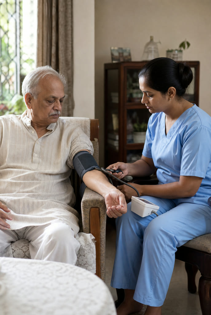 Home care nurse checking an elderly patient's blood pressure in Thane